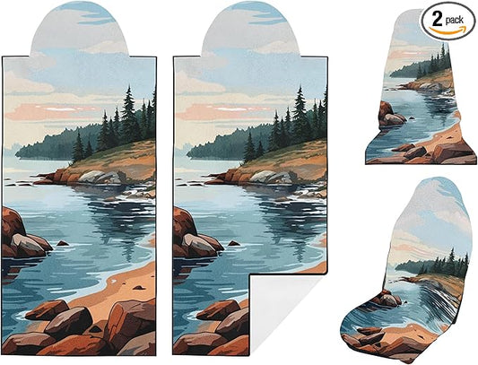 2 Pack Car Seat Towel Covers, Sweat Protector for Front Seats, Premium Thickened Microfiber with Acadia National Park, Breathable & Quick Dry, Slip-on Headrest Pocket for Gym Running Universal Fit