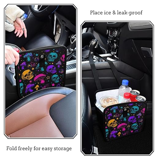 Car Trash Can Organizer Bin with Adjustable Strap for Back Front Seat Console Waterproof Leakproof Collapsible Portable 8.66 Inch Neon-colored Skulls Stars Mushrooms