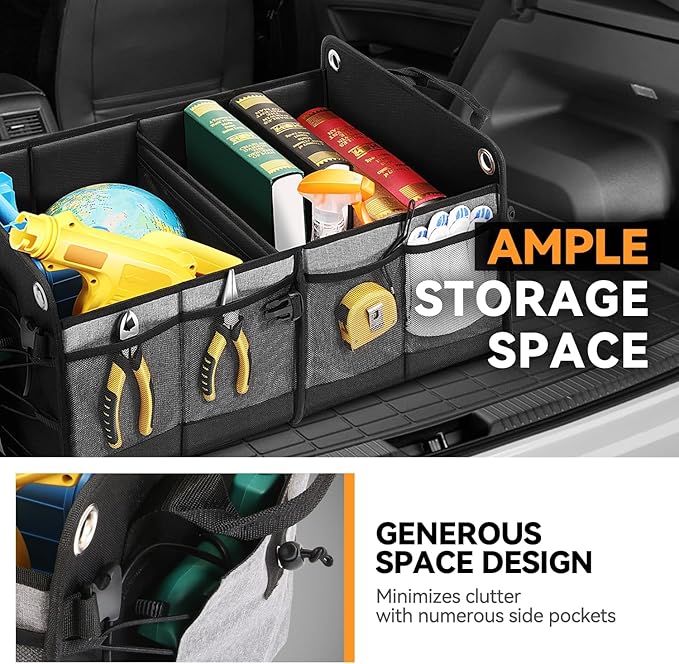 Auto Dynasty Collapsible Car Trunk Organizer, Grey Foldable Cargo Storage Container with Water Resistant Fabric for Car Accessories, SUV, Van, Tools, 2 Compartments