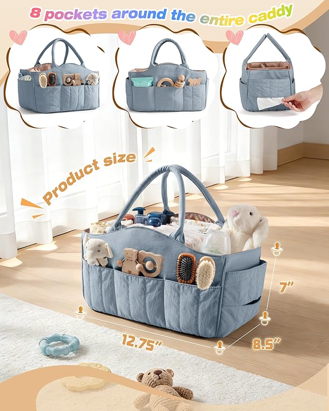 Quilted Baby Diaper Caddy with Detachable Dividers and Wipes Pocket, Lightweight Baby Caddy Organizer with Handles and 8 Pockets for Baby Stuff, Dusty Blue