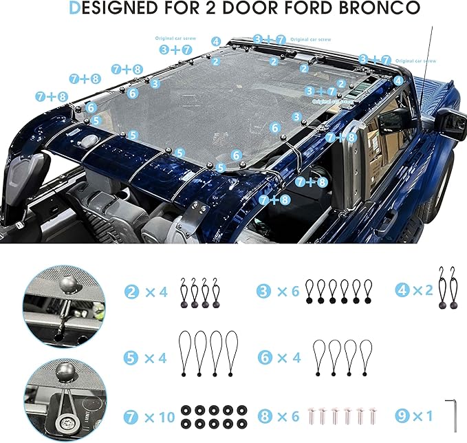 sukemichi 2 Door Sunshade for Ford Bronco,Mesh Sun Shade Bikini Top Cover Bimini Top for Ford Bronco Accessories 2021 2022 2023 2024 2025 2026 2 Door - Blocks UV, Wind, Noise(Black)