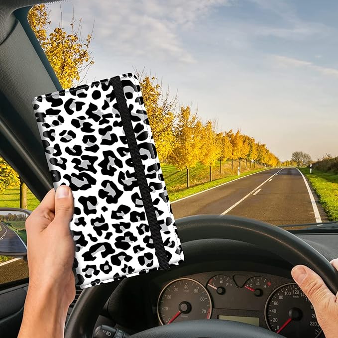 Car Registration and Insurance Card Holder, Premium Leather Vehicle Wallet Cover for Glove Box Car Organizer Drivers License / Cards / ID - Essentials Document Holder, White Cheetah Leopard Print