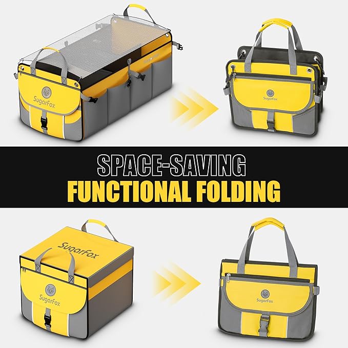 Car Trunk Organizer for SUV - 63L+26L Modular Storage, Heavy-Duty, Foldable Waterproof, Soft & Hard Covers, Non-Slip, Multi-Compartment, Yellow M006