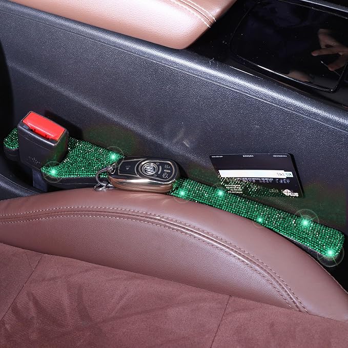 Briwill Green Car Seat Gap Filler, Set of 2 Handmade Crystal Rhinestone Diamond Car Gap Filler Green Bling Car Accessories for Women(Dark Green)