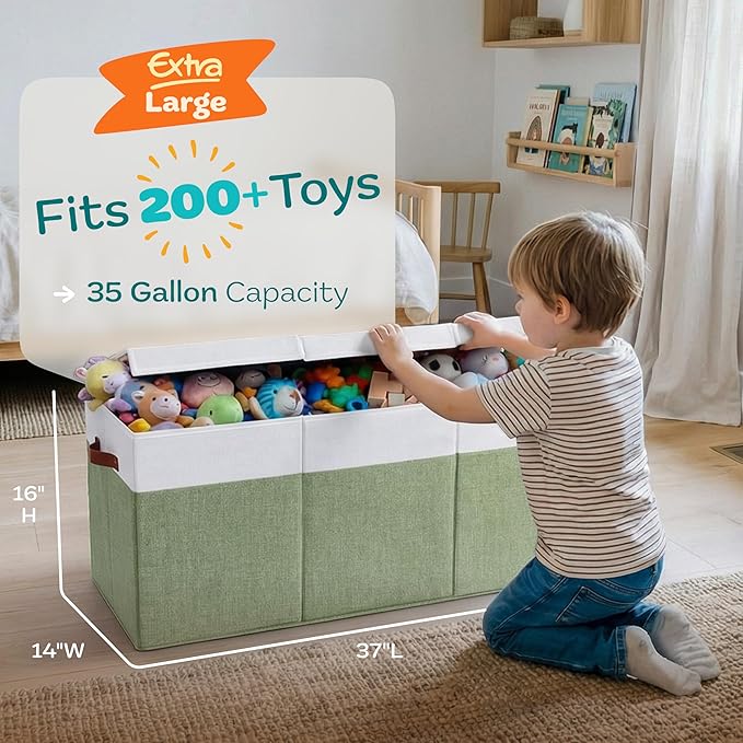 Extra Large Toy Storage Organizer with Lid - Sturdy, Collapsible Toy Chest Storage Box Design - Toys Bin with Dividers for Kids, Nursery, Bedroom, Playroom 37"x16"x14"