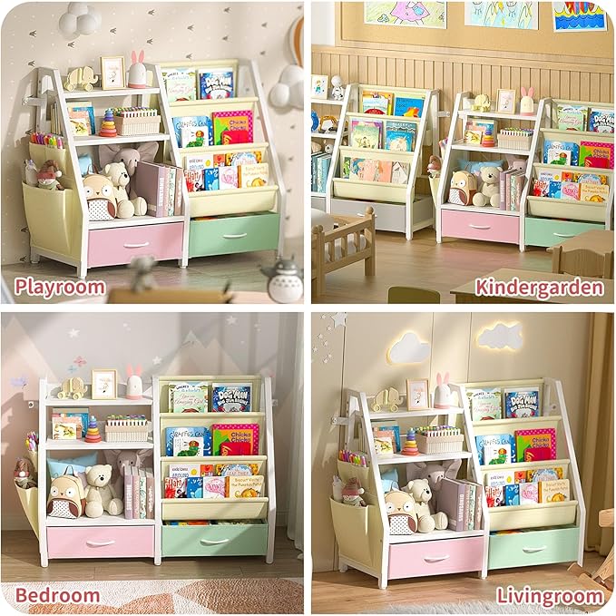 Kids Bookshelf and Toy Storage, Sturdy 3 Tier Kids Bookcase, Sling Bookshelf and 2 Toy Boxes, Toddler Montessori Bookshelf with Toy Organizer, for Kids Room, Game Room, Nursery