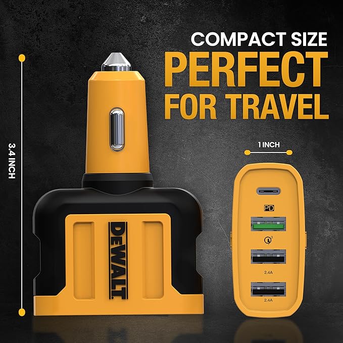 DEWALT Heavy Duty 4 Port USB C Car Charger Multiport, Fast 60W USB Cigarette Lighter Adapter, PD Type C Multi Car Phone Charger, Cell Phone Automobile Chargers Compatible iPhone 17/16/15 Samsung