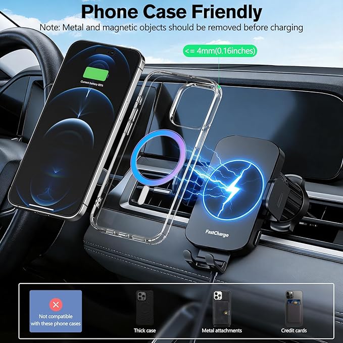 Wireless Car Charger,【80+LBS Safest Strongest】 2026 Upgrade Car Phone Holder Mount 15W/10W/7.5W Fast Charging 360° Rotation for Dashboard Windshield Vent Compatible with iPhone 17 16 Samsung