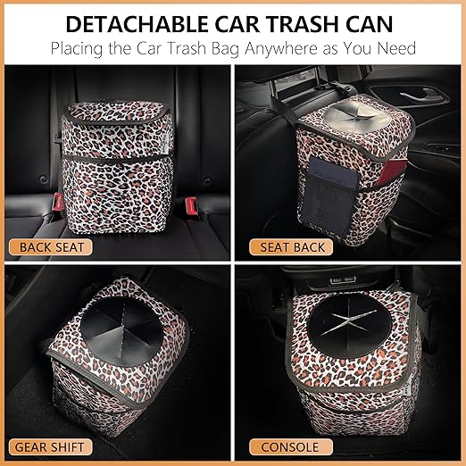 Big Ant Leopard Car Trash Can with Lid & Coasters | 2 Gallon Leak-Proof Hanging Garbage Bin for Back Seat | Waterproof Storage Organizer & Cooler Bag for Road Trips, SUVs & Family Travel