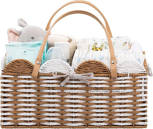 HBlife Large Baby Diaper Caddy, Paper Rope Storage Baskets Nursery Bin with Removable Divider, Portable Car Organizer for Diapers, Baby Shower Gifts, Newborn Essentials Must Haves