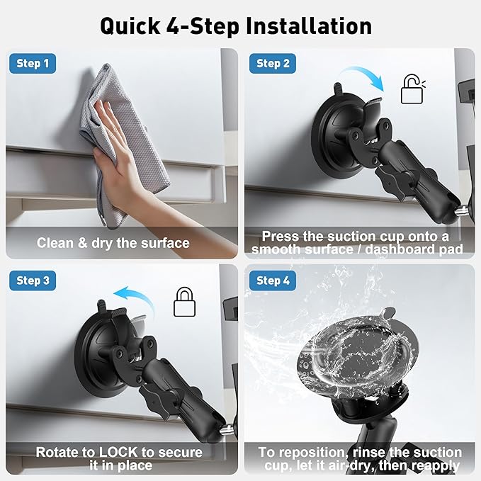 Heavy Duty Aluminum iPad Suction Mount for Truck Car, Anti-Shake Dashboard Windshield Tablet Holder, Thick Case Friendly, Fits 4.7-12.9" iPad Pro 12.9 Air Mini Samsung, 360° Rotation Off-Road Aviation