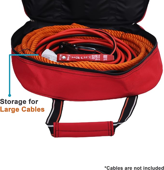BULL TOOLS EV Charging & Jumper Cable Storage Bag, Organizer 6 Pocket Handmade Carry Bag - 15x15x4 Inch Waterproof Ballistic Polyester Oval Bag, Cords, Small Tools, For Motor Vehicles - Red