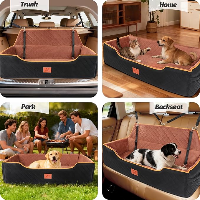 XIEEAOZEE Large Dog Car Seat, Memory Foam Dog Car Bed for Backseat & Trunk, Washable Pet Booster Seat Under 100 lbs or 2 Medium Dogs, Pet Travel Seat with Storage Pockets,2 Safety Belts