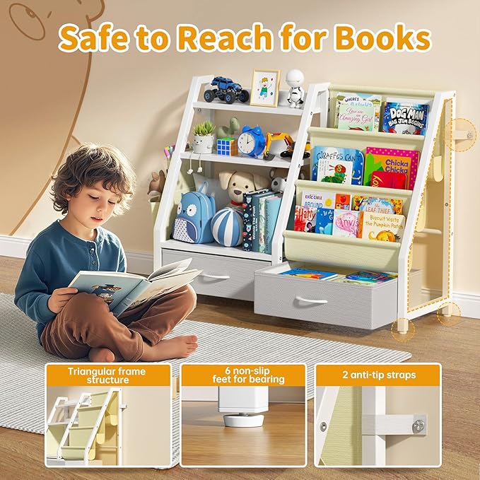 Kids Bookshelf and Toy Organizer, Sturdy 3 Tier Kid Bookcase, Sling Bookshelf and 2 Toy Bins, Toddler Montessori Book Shelf with Toy Storage Organizer for Children Room, Playroom, Nursery