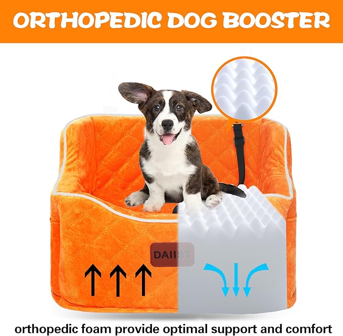 Dog Car Seat for Small Medium Dogs, Detachable Washable Dogs Booster Seat Under 35lbs, Elevated Dog Car Bed with Storage Pockets (Orange, One Size)