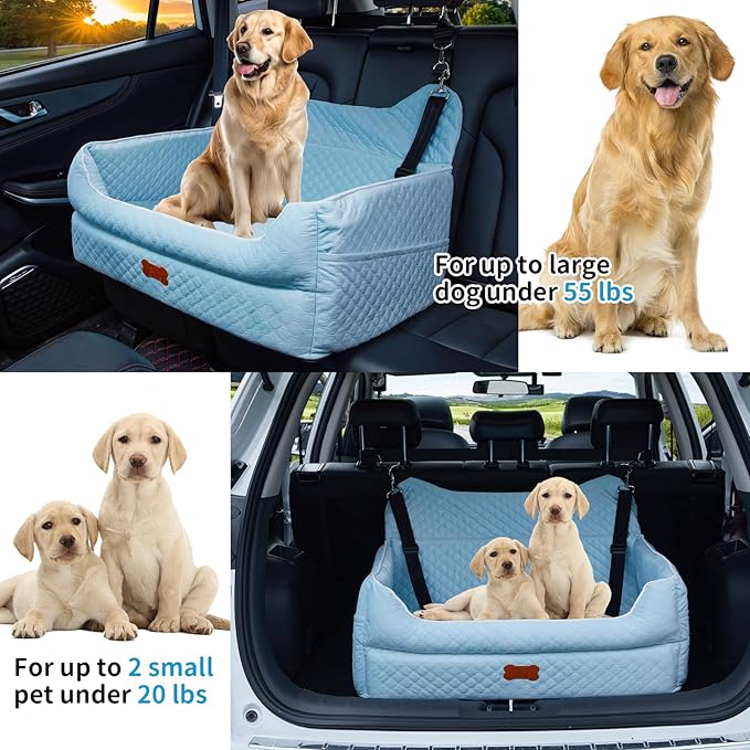 Dog Car Seat for Large/Medium Dogs - Memory Foam Dog Booster Seat for Under 55Lbs or 2 Small Dogs-Detachable and Washable Travel Bed with Thick Cushion and Storage Pockets-Blue