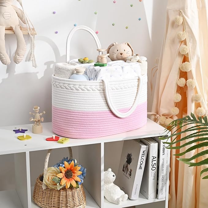 19L Baby Diaper Caddy Organizer, 16.8"x9.8"x9" Cotton Rope Diaper Basket, Changing Table Storage Caddy With Removable Divider, Baby Basket for Nursery, Car, Diapers, Baby Shower Gifts for Newborn