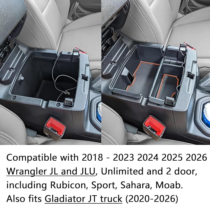 EDBETOS Center Console Organizer Tray Compatible with Jeep Wrangler JL/JLU 2018-2023 2024 2025 2026 and Gladiator JT Truck 2020-2026 Insert Armrest Accessories - Orange Trim