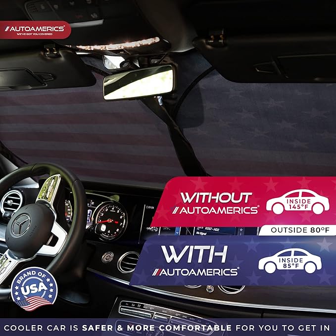 Autoamerics 1-Piece Windshield Sun Shade Grunge American Flag - 3 USA Design - Foldable Car Front Window Sunshade for Most Sedans SUV Truck - Blocks Max UV Rays and Keeps Your Vehicle Cool - Large