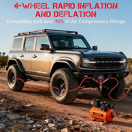 4 Tire Inflation Deflation System,Fits up to 200" Wheelbase,300psi Digital Tyre Pressure Gauge and Plastic Suitcase,4 Tire Inflation Kit for Truck,Car,Trailers,Motorcycles