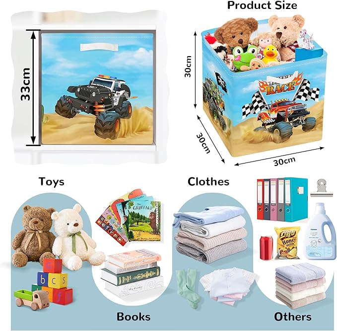 Clastyle Cars Kid Storage Cube Organizer Set Closet Clothes Cube Storage Bin Nursery Toddler Toy Box Chest Girl Boy Book Shelf Basket,Monster Truck,11.8x11.8x11.8 in