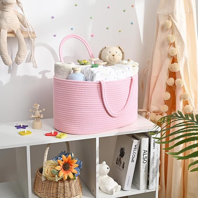 19L Baby Diaper Caddy Organizer, 16.8"x9.8"x9" Cotton Rope Diaper Basket, Changing Table Storage Caddy With Removable Divider, Baby Basket for Nursery, Car, Diapers, Baby Shower Gifts for Newborn