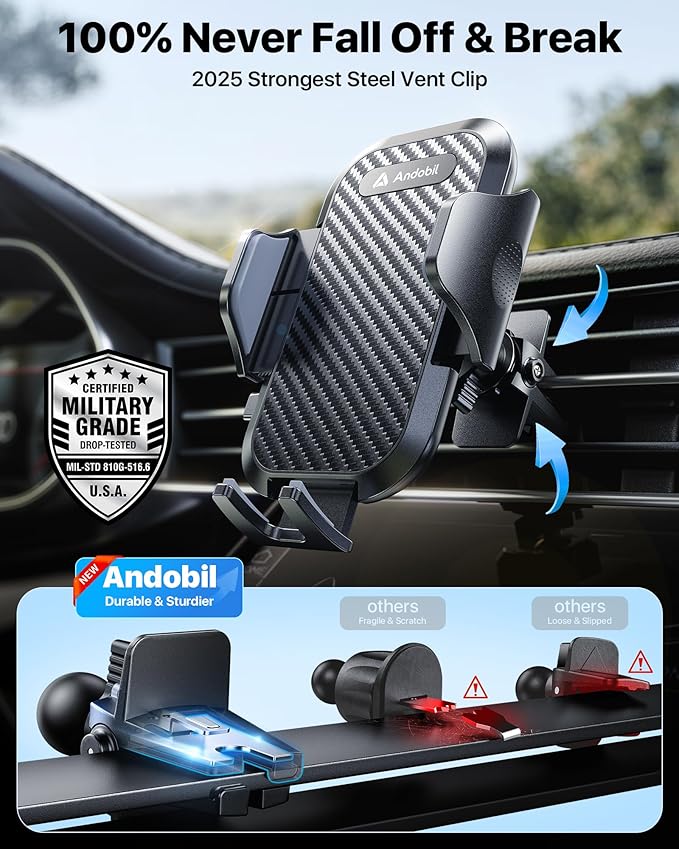 andobil Car Phone Holder, 2026 Military-Grade 89lbs Strongest Suction Phone Holders for Your Car Dashboard/Windshield/Vent Easy Clamp Car Phone Mount Stand for iPhone 17 16 15 14 13 Pro Max Samsung