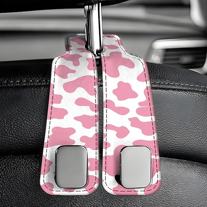 Car Seat Back Storage Headrest Hook, Premium Leather Double Metal Hook, Hanger Storage Organizer for Purse Cloth Bag, Car Interior Accessories Pink Cute Cowhide