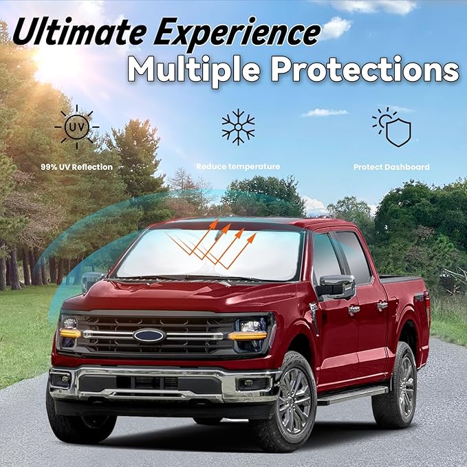 Windshield Sun Shade for Ford F-150 2021-2026, Car Front Window Sunshade with 240T Sun Visor Protector Blocks UV Rays Heat Sun Shield Accessories (Ford F150)