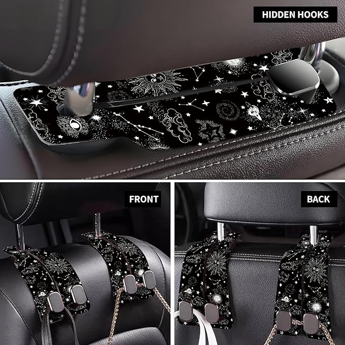 Car Seat Back Storage Headrest Hook, Premium Leather Double Metal Hook, Hanger Storage Organizer for Purse Cloth Bag, Car Interior Accessories Black White Sun Moon