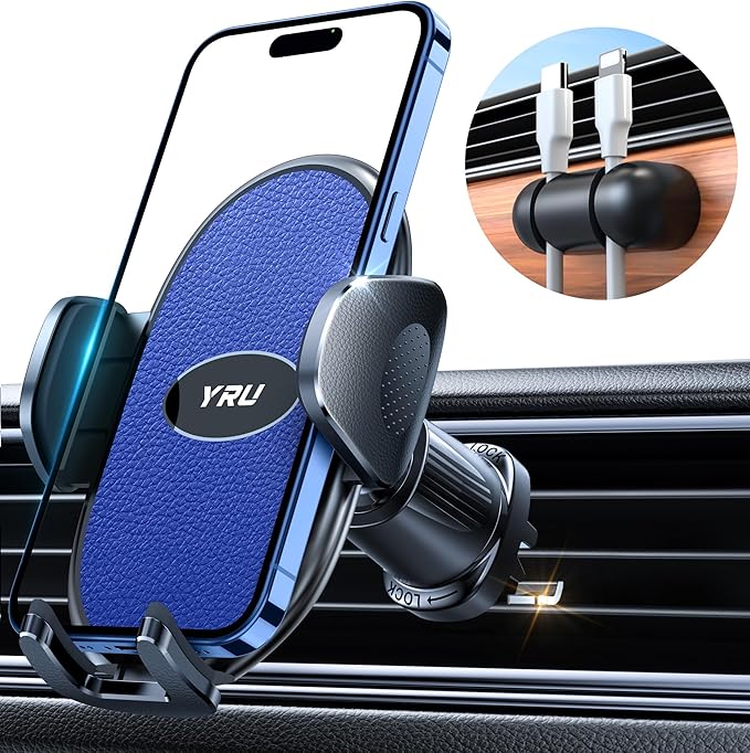 YRU Phone Holders for Your Car [2026 Upgraded Military Metal Hook], Cellphone Holder Car[No Fear of Bumps] Vent Phone Mount Truck Compatible with iPhone17 16 15 14 13 12 Samsung Android, Sapphire