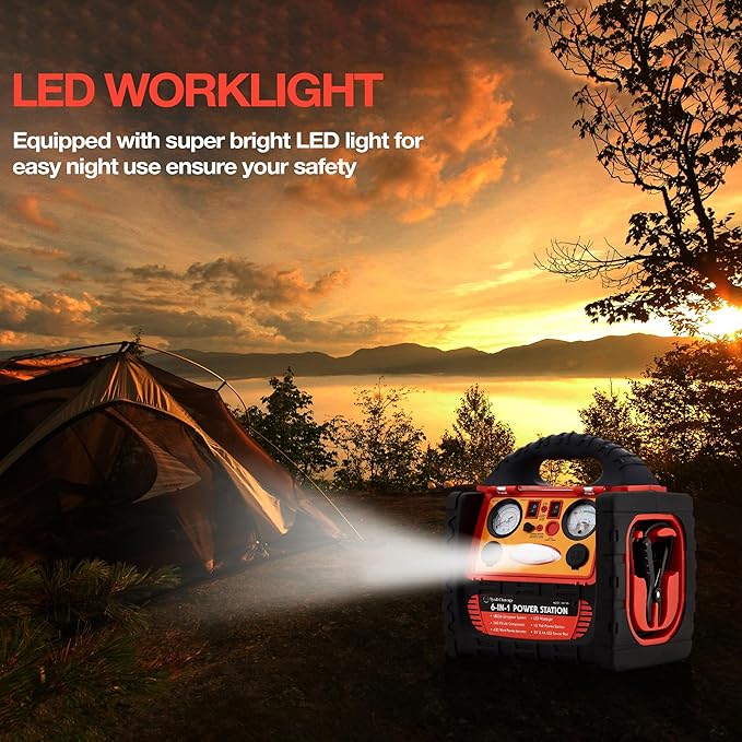 2200 Amp Car Jump Starter with Air Compressor,Portable Power Station with 260 PSI Tire Inflator,400W Power Inverter Dual AC/DC Ports,2.1A USB Port,Battery Clamps