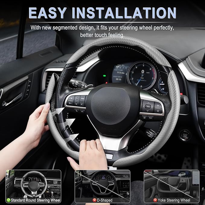 Amiss 3pcs Carbon Fiber Anti-Skid Steering Wheel Cover, Waterproof & Segmented Butterfly Design, Universal 99% Vehicle Wheel Cover Protector, Car Interior Accessories (Gray-3pcs)