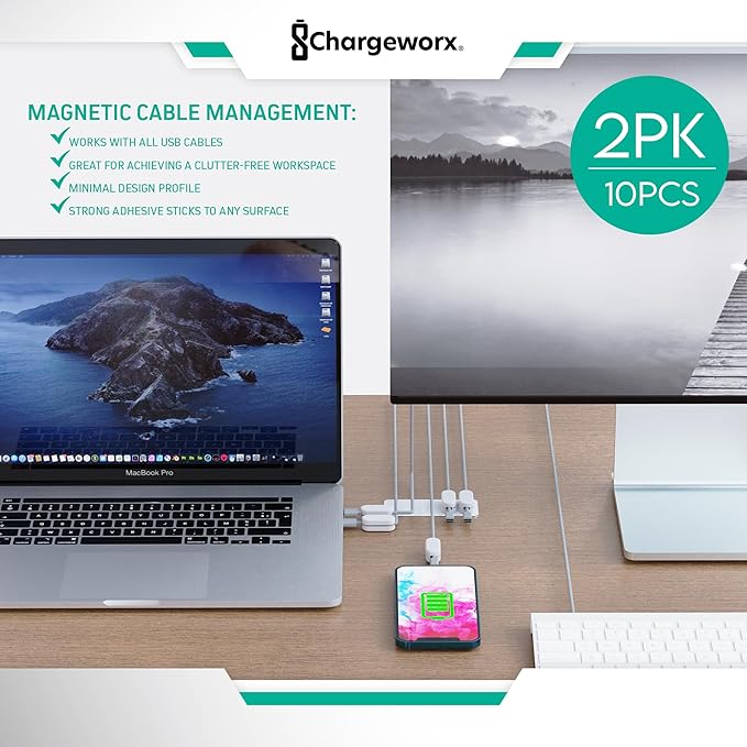 CHARGEWORX Magnetic Cable Clips 10-Pack – Adhesive Cord Organizer for Desk, Wall, Nightstand & Car – Magnetic Cable Holder for USB-C, Lightning, HDMI & Charging Cables – Cable Management Clips
