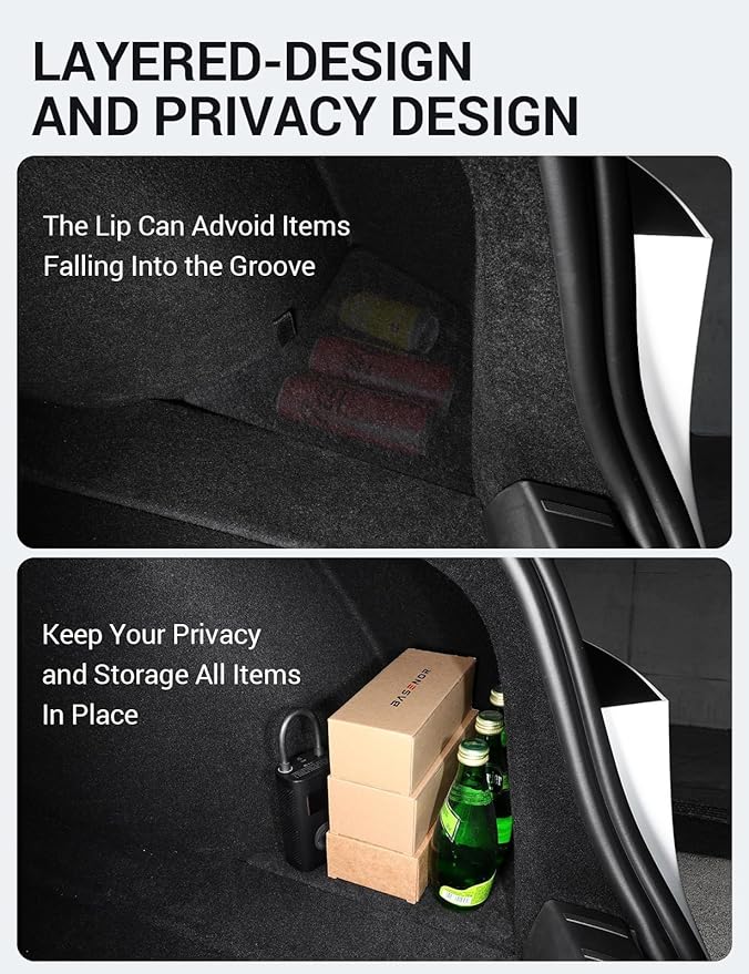 BASENOR Tesla Model 3 Highland Trunk Organizer, TPE Waterproof Rear Trunk Side Storage Bins Box with Carpeted Lip for 2026-2024 Model 3 Interior Accessories (Standard/Premium/Performance) Set of 2