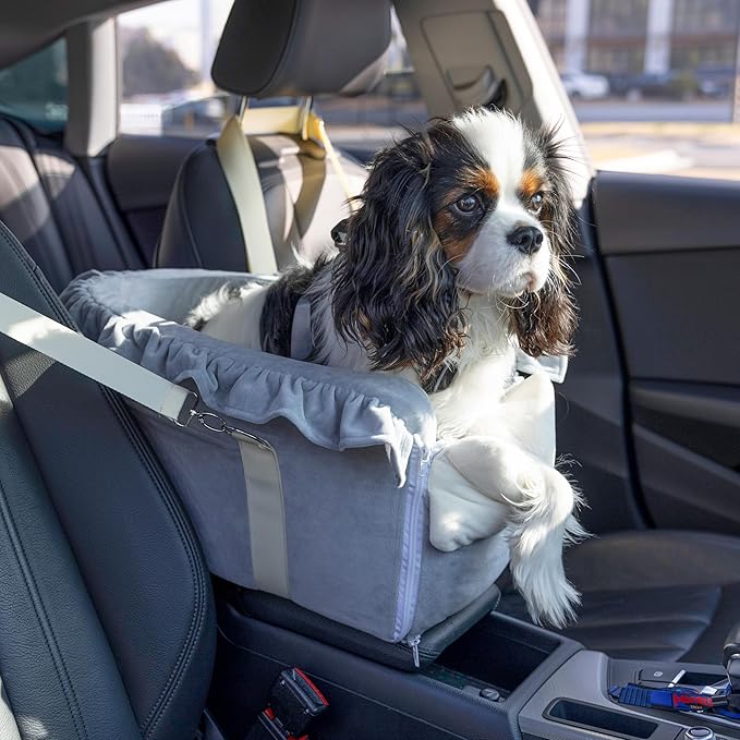 Jaoul Dog Car Seat for Small Dogs - Fully Detachable with Adjustable Straps Center Console Dog Booster Seat - Comfortable Bow Design Pet Car Seats - Portable Pet Booster Seat for Puppy, Cat (Gray)