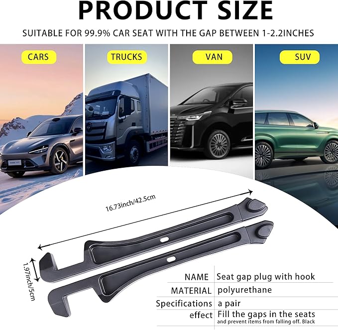 2PCS New Universal Car Seat Gap Filler Organizer with Hook Durable & Easy Install, for Cars SUV Trucks, Car Essentials, Effectively for Avoiding Dropped Items (Black)
