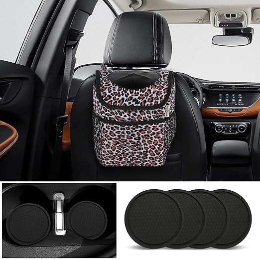 Big Ant Leopard Car Trash Can with Lid & Coasters | 2 Gallon Leak-Proof Hanging Garbage Bin for Back Seat | Waterproof Storage Organizer & Cooler Bag for Road Trips, SUVs & Family Travel
