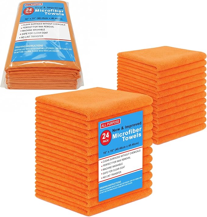 Blue Horizon Microfiber Cleaning Towels, Pack of 24, Ultra Soft Plush Washcloth, All Purpose Premium Microfiber Detailing Cleaning Cloths Reusable Shop Towels (16" x 16", Orange)