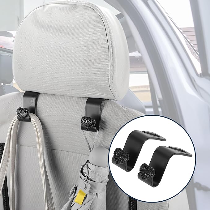 Car Seat Headrest Hook Interior Accessories for Most Car, SUV, Truck Car Seat Back Organizer Hooks Plastic Rhinestone Sturdy Black 2.4"x1.26"