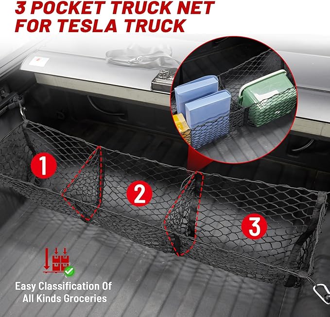 RED WOLF 3 Pocket Cargo Mesh Net for 2024-2025 Tesla Cybertruck Trunk Organizer Netting Rear Bucket Storage Net with L-Track Round Ring D-Carabiner Mounting Hook