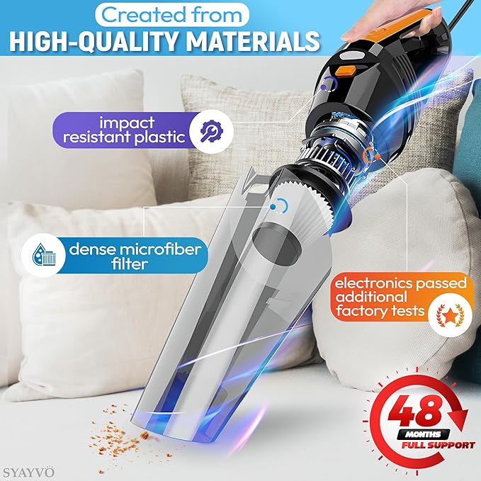 SYAYVO Portable Car Vacuum Cleaner - 8000PA/100W/DC12V Corded Vacuum Cleaner Handheld Vacuum with Attachments, LED Light Cleaning Kit 16.4 Ft Car Detailing Accessories for Women & Men