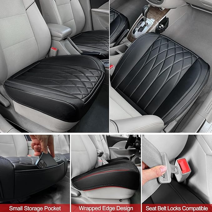 BEITK 2 Pack Leather Front Car Seat Cover Bottom Car Seat, Universal Anti-Slip Driver Car Seat Protectors with Storage Pocket, Waterproof Bottom Auto Seat Cushion Pad Mat for Most Vehicles(Black)