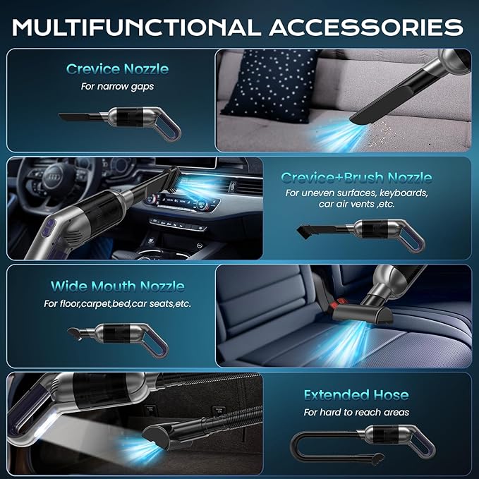 Cordless Handheld Vacuum, Portable Car Vacuum with LED Light,Rechargeable Small Vacuum Cleaner with Powerful Suction,Lightweight Vacuum Cleaner for Car Home Office Pet Hair,Grey