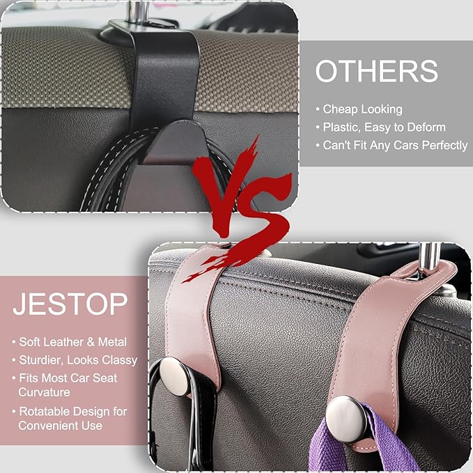 JESTOP Leather Car Seat Storage Hanger, 2 Pack Stylish Hooks for Purses Bags, Coats Umbrellas, Pink