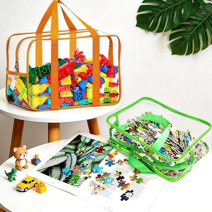6 Color Toy Storage Bags with Labels, Reusable Clear PVC Board Game Storage, Travel Waterproof Organizer Bags with Zipper Large Capacity (L, XL, XXL)
