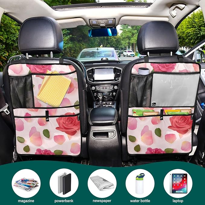 Pink Yellow Rose 1 Pack Backseat Car Organizer with Storage Pockets Seat Back Organizers for Kids Kick Mats Backseat Protector Automotive