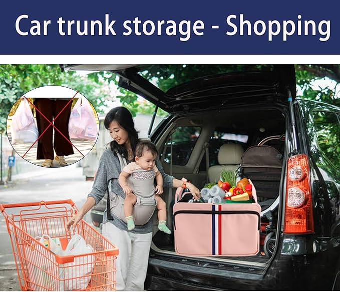 Homeve Trunk Organizer for Car, Waterproof Collapsible 3 Compartments Car Organizer, Foldable Storage for Car Accessories, Tools, Sundries for Women Men, Tote Bag (Pink, Standard)