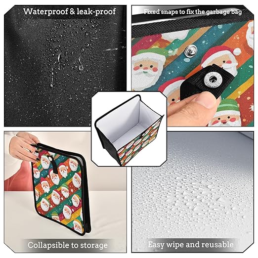 Car Trash Can Organizer Bin with Adjustable Strap for Back Front Seat Console Waterproof Leakproof Collapsible Portable 8.66 Inch Colorful Diagonal Striped Santa Claus