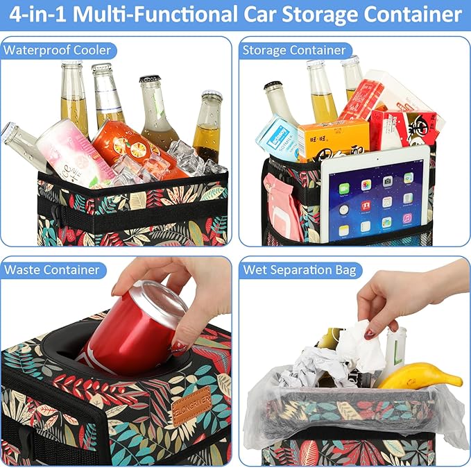ELONGRIVER Car Trash Can Bin for Back Seat Leak Proof, Cute Car Trash Bag Hanging, Vehicle Trash Can for SUV Truck Van, Automotive Garbage Cans Front Seat Red Leaves